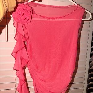 Chic Pink Sleeveless Top with Ruffle Detail see through
